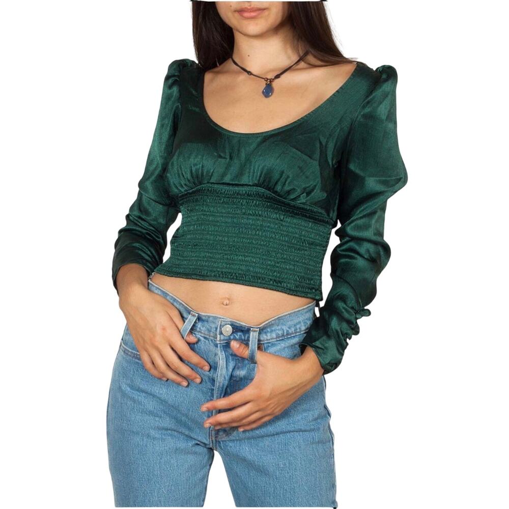 Free People Smocked Waist Satin Crop Top Blouse Emerald Green Long Sleeve XS